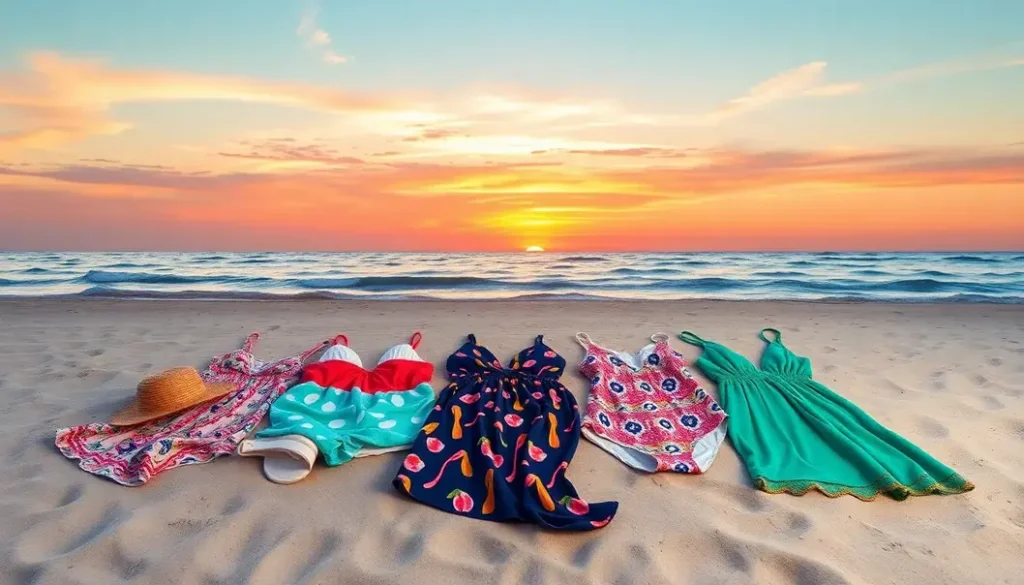 Collection of chic beach outfits on sand with sunset backdrop.