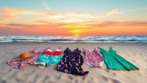 Collection of chic beach outfits on sand with sunset backdrop.