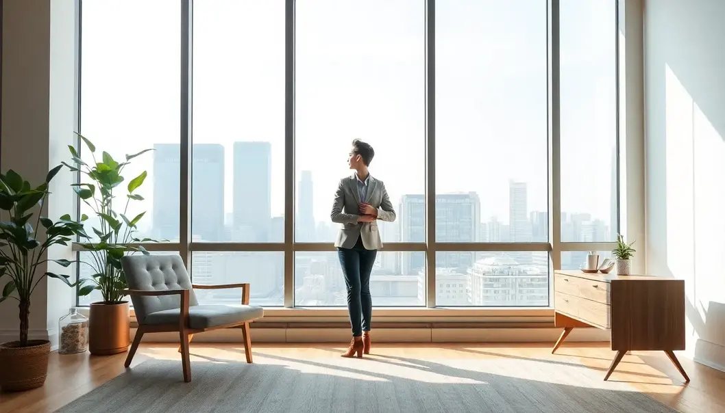 A professional practicing mindful breathing at their desk.