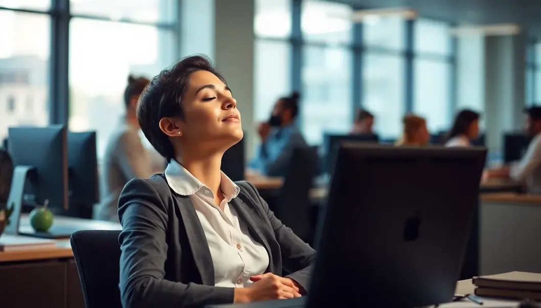 A professional practicing mindful breathing at their desk.