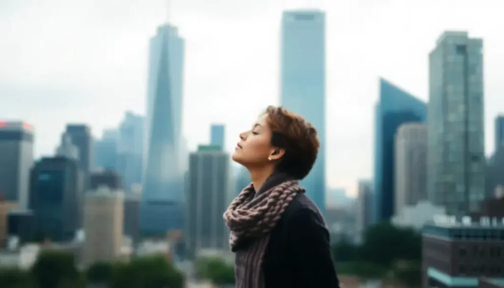 A person deep in breath with a blurred city background, representing mindfulness.
