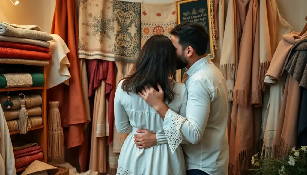 Couple embracing, surrounded by delicate textiles in a lovingly curated home environment.