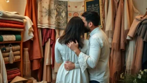 Couple embracing, surrounded by delicate textiles in a lovingly curated home environment.