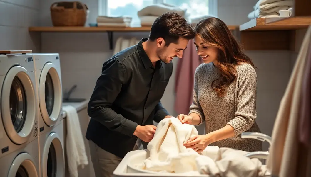 A couple engaged in lovingly preparing their delicate textiles for care.